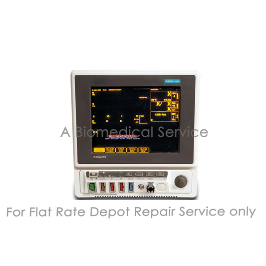 White rectangular ge eagle 4000 patient monitor with black screen and yellow text for medical equipment repair service