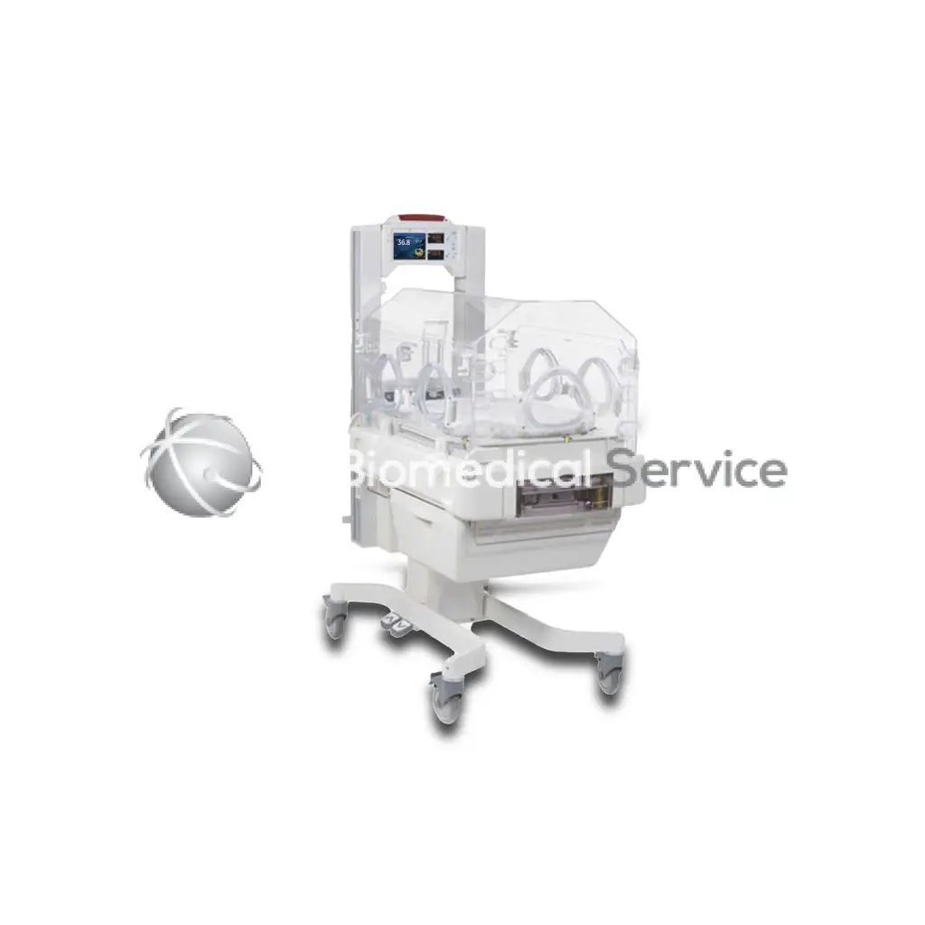 White GE Giraffe medical incubator with transparent acrylic sides and digital display panel on top for neonatal care