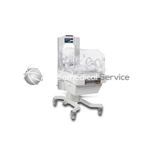 White GE Giraffe medical incubator with transparent acrylic sides and digital display panel on top for neonatal care