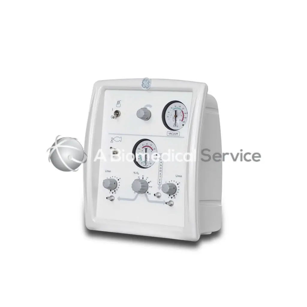 White ge giraffe stand-alone infant resuscitation system with two circular gauges and control knobs for biomedical service