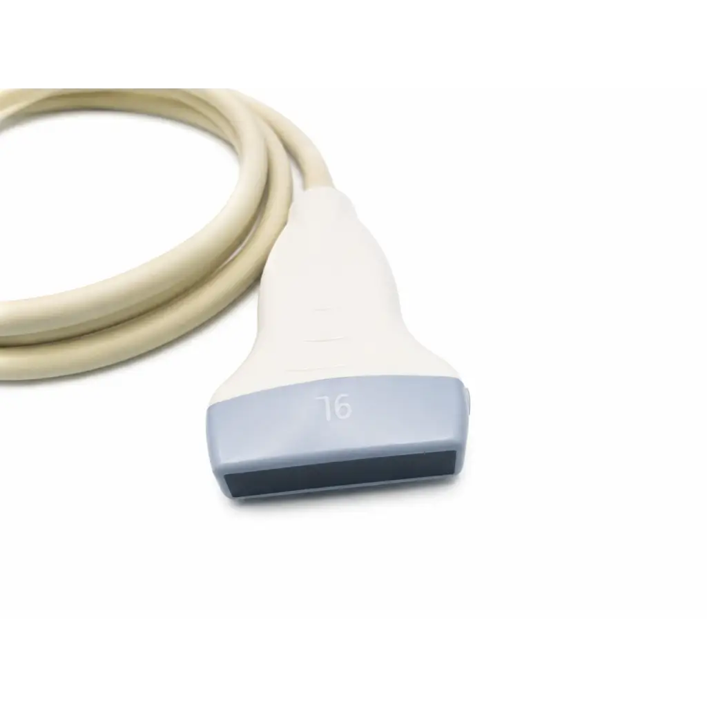 GE Healthcare 9L-RS cream linear ultrasound transducer probe with gray black front panel marked 16 for biomedical use