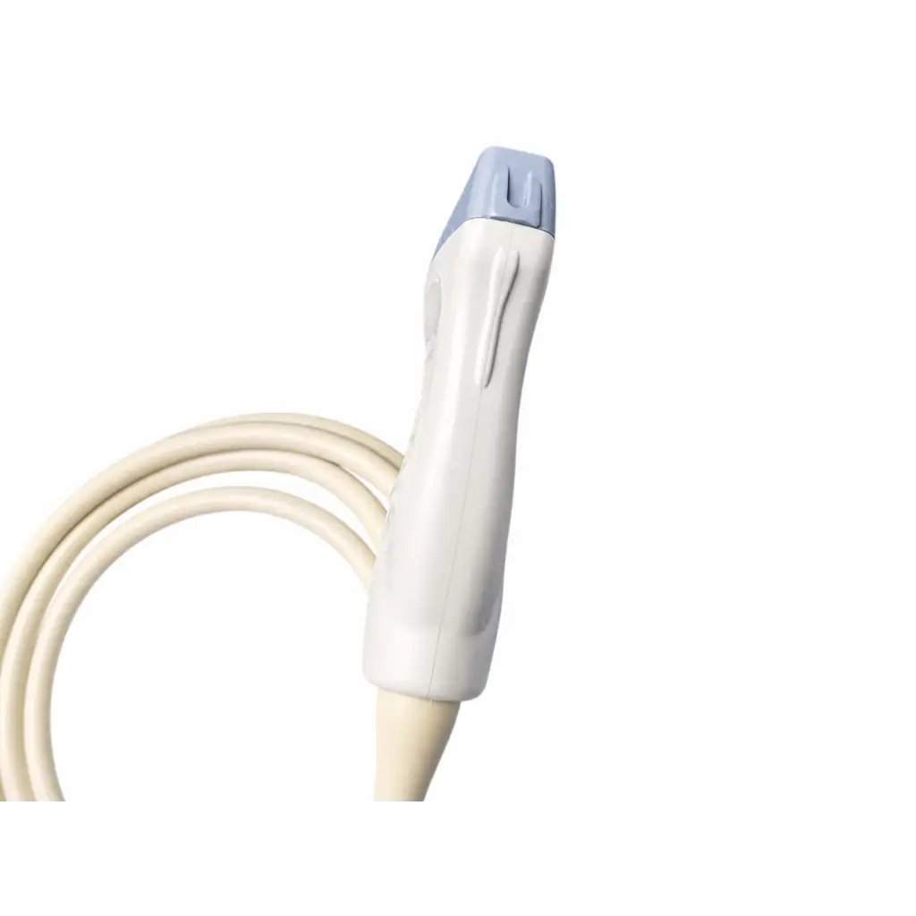 Ge healthcare 9l-rs linear ultrasound transducer probe in white and light blue with smooth ergonomic design