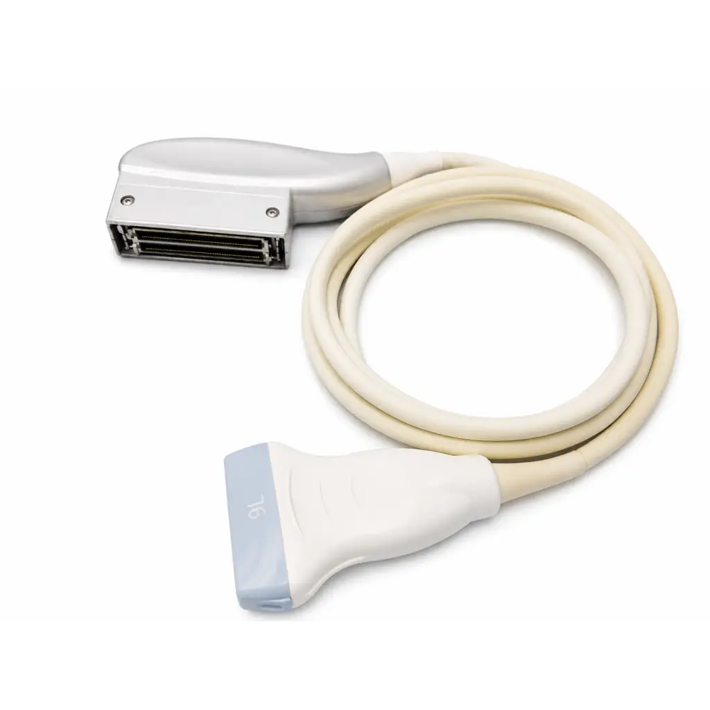 Ge healthcare 9l-rs linear ultrasound transducer probe silver and white with coiled beige cable biomed certified