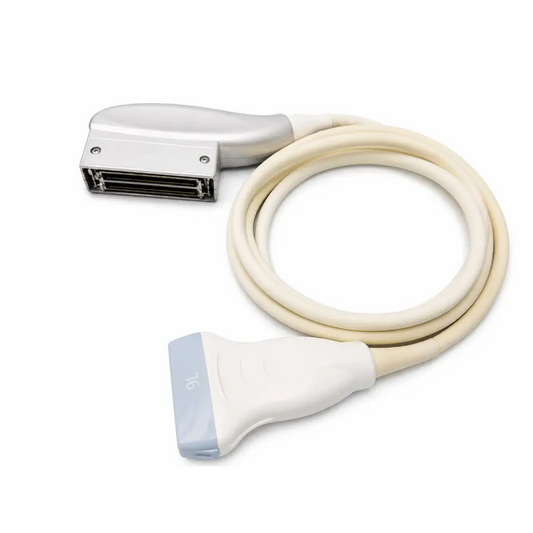 Ge healthcare 9l-rs linear ultrasound transducer probe silver and white with coiled beige cable