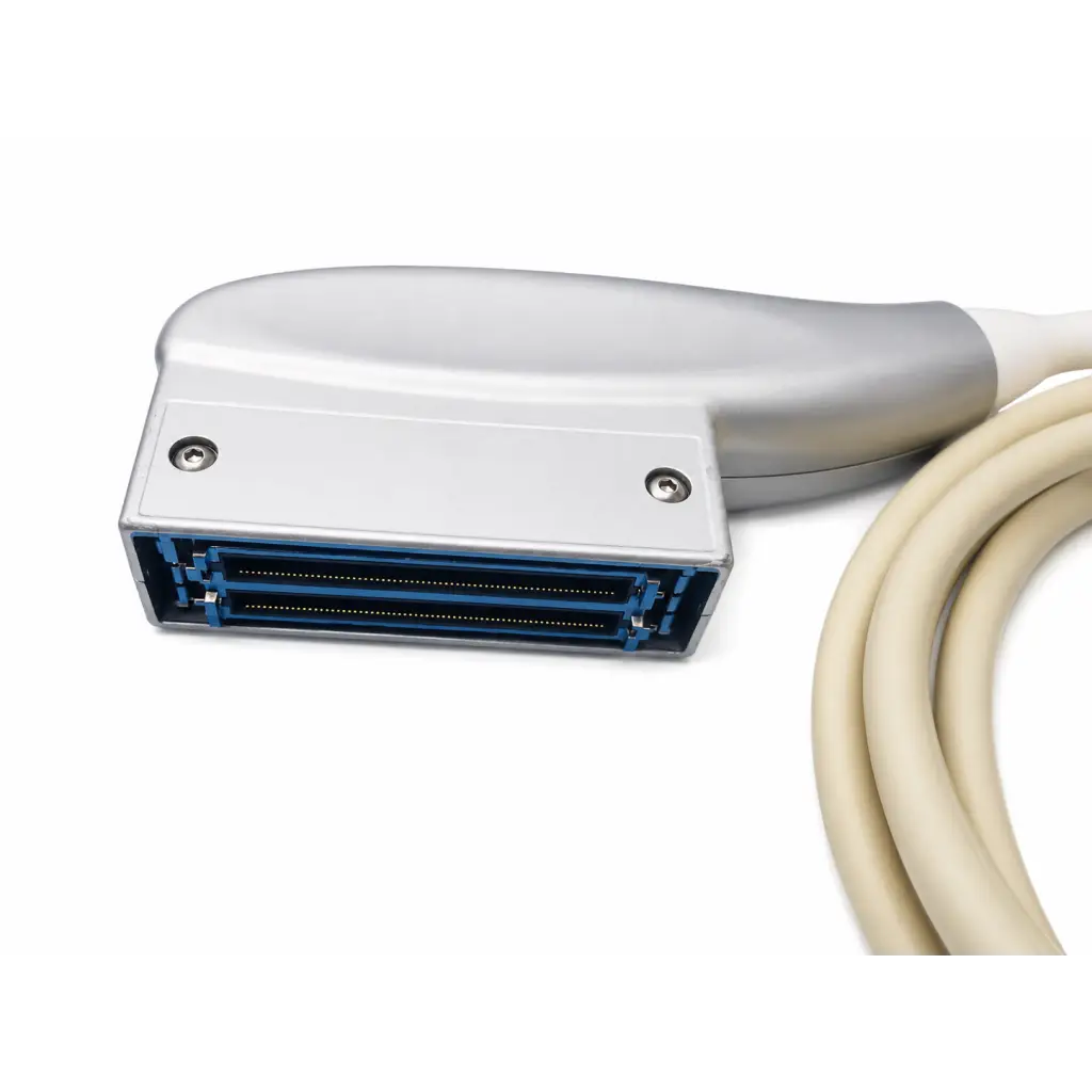Ge healthcare 9l-rs linear ultrasound transducer probe with silver head beige cable and blue connector pins for biomed use