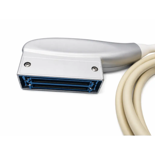Ge healthcare 9l-rs linear ultrasound transducer probe with silver head beige cable and blue connector pins for biomed use