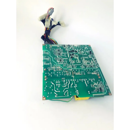 Green rectangular healthcare aps400w ultrasound board with electronic components and multicolored wires attached on top