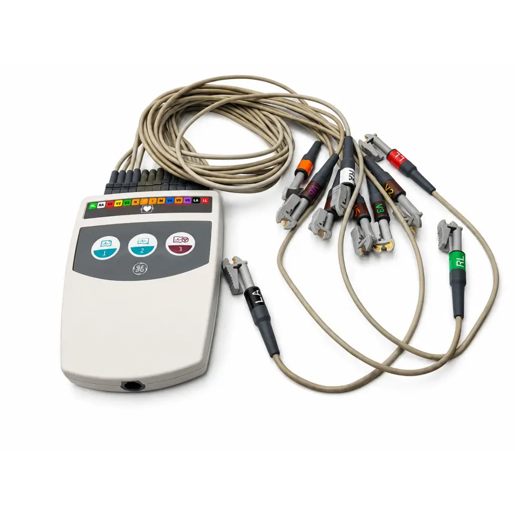 Gray GE Healthcare CAM 14 biomed certified ecg acquisition module with multiple color-coded 10-lead grabber leadwires