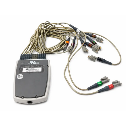 Gray and white GE Healthcare CAM 14 biomed certified ECG acquisition module with 10-lead grabber leadwires and color-coded cables