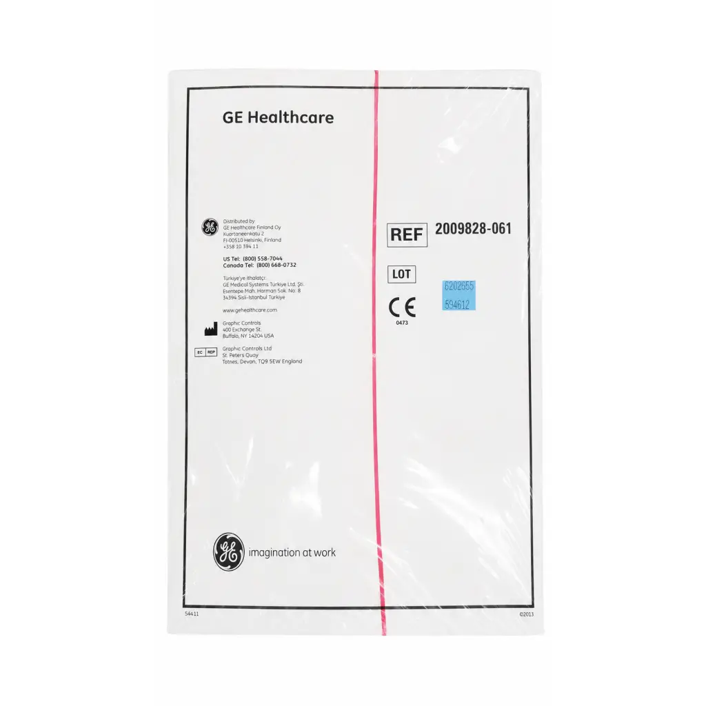 White plastic medical packaging for ge healthcare ecg recording chart paper set with black text and red stripe