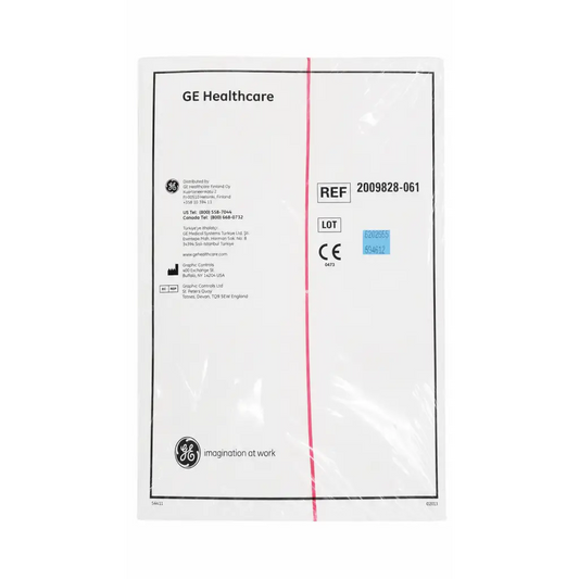 White plastic medical packaging for ge healthcare ecg recording chart paper set with black text and red stripe