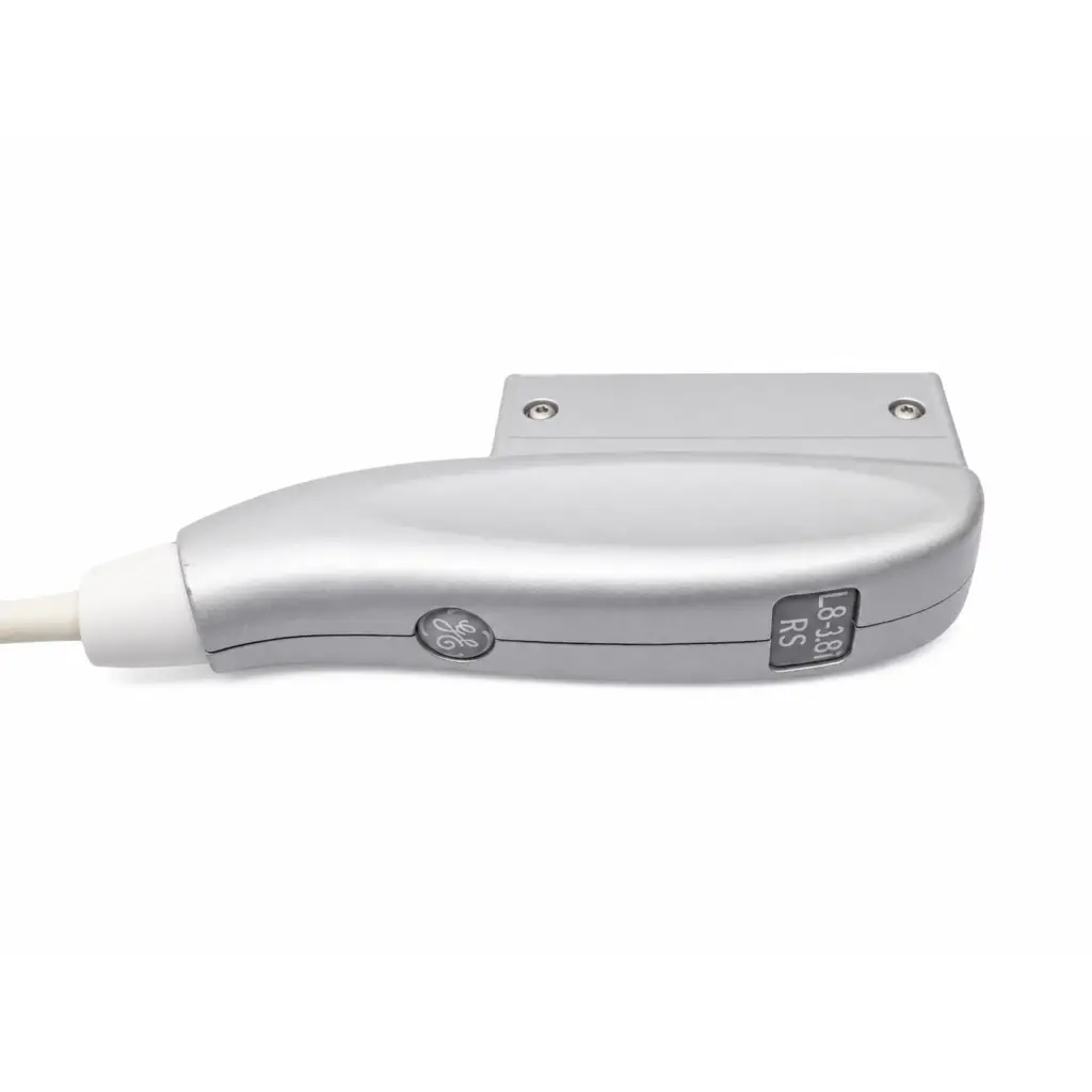 Ge healthcare l8-18i-rs ultrasound transducer probe with sleek ergonomic silver design and white cable biomed certified