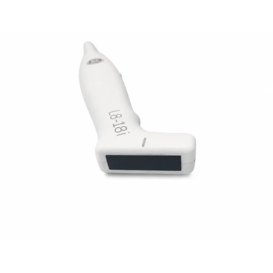 Ge healthcare l8-18i-rs white plastic handheld ultrasound transducer probe with ergonomic design and model number printed