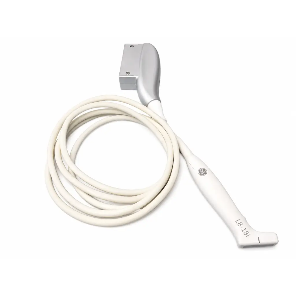 White ge l8-18i-rs ultrasound transducer probe with coiled cable and metallic connector for medical imaging use