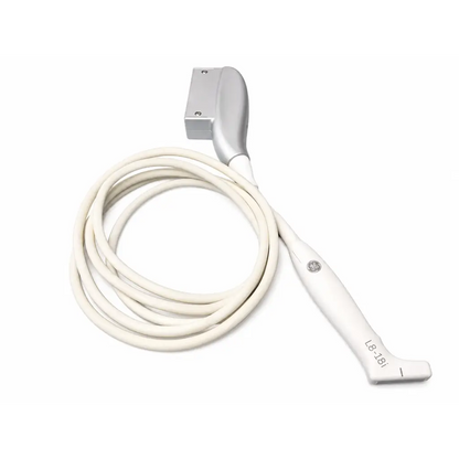 White ge l8-18i-rs ultrasound transducer probe with coiled cable and metallic connector for medical imaging use