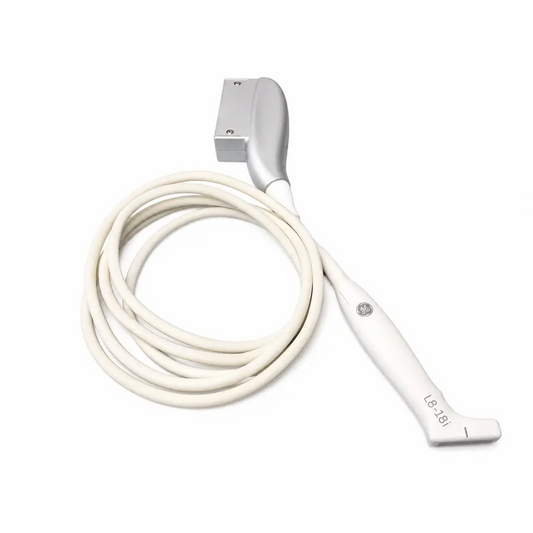White ge l8-18i-rs ultrasound transducer probe with coiled cable and metallic connector for medical imaging use