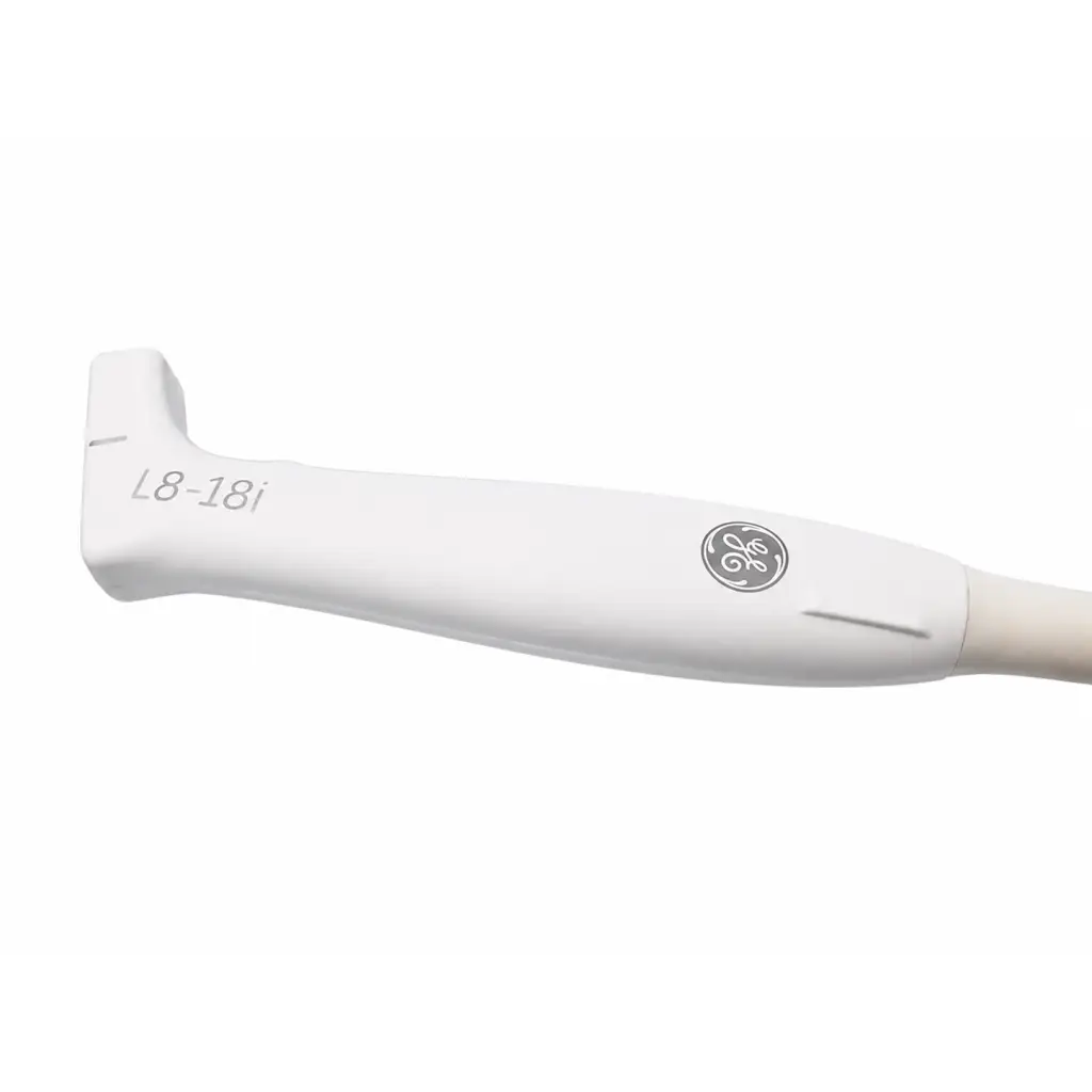 White ge healthcare l8-18i-rs ultrasound transducer probe with smooth ergonomic design and subtle gray branding