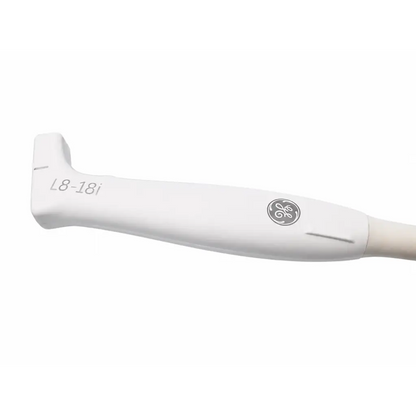 White ge healthcare l8-18i-rs ultrasound transducer probe with smooth ergonomic design and subtle gray branding