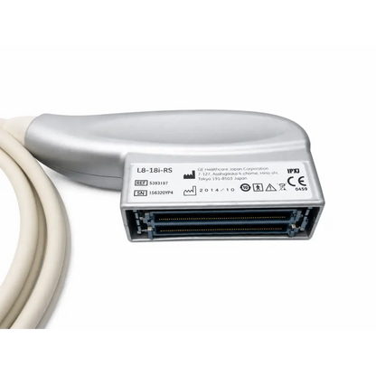 Silver l8-18i-rs ultrasound transducer probe with sleek ergonomic head and white cable by ge healthcare biomed certified