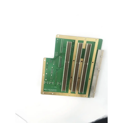 Green logiq p5 ultrasound backplane assy board with three vertical rows of metallic connectors and gold-colored edges