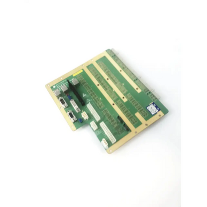 Green printed circuit board with beige edges and connectors for ge logiq p5 ultrasound backplane assy board pn 5144581-2