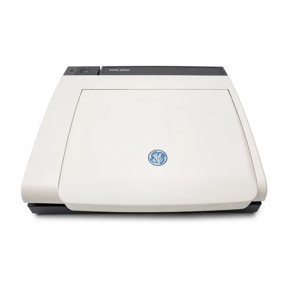 Cream-colored biomed certified ge mac 5500 ecg analysis system flatbed scanner with sleek design and fold-up display