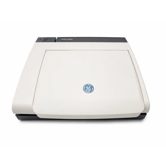 Cream-colored ge mac 5500 ecg analysis system flatbed scanner with sleek design and fold-up display