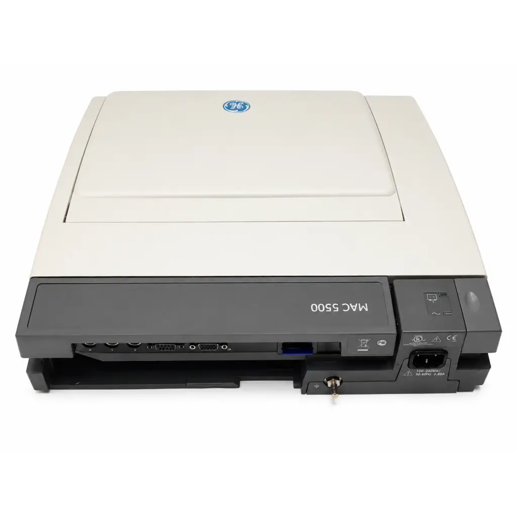 Beige and black biomed certified ge mac 5500 ecg analysis system printer with fold-up display and multiple front ports