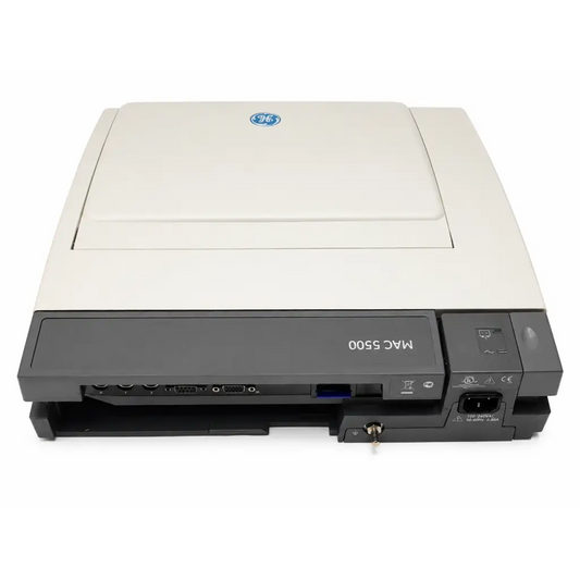 Beige and black ge mac 5500 ecg analysis system printer with fold-up display and multiple front ports