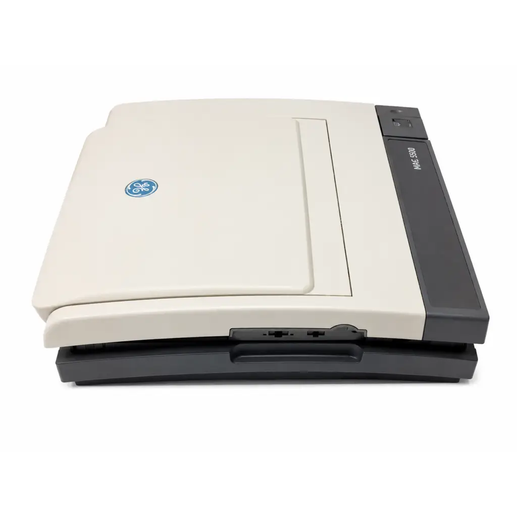 Beige and black ge m445-300 flatbed scanner with sleek modern design and fold-up display for biomed certified ecg analysis