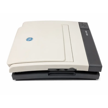 Beige and black ge m445-300 flatbed scanner with sleek modern design and fold-up display for biomed certified ecg analysis