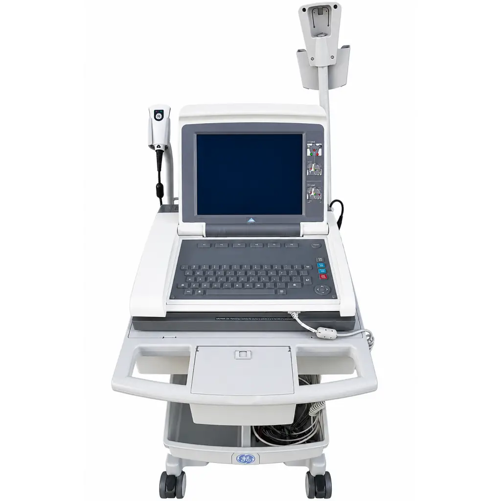 White ge mac 5500 ecg analysis system on mobile cart with laptop monitor and ultrasound probe attached