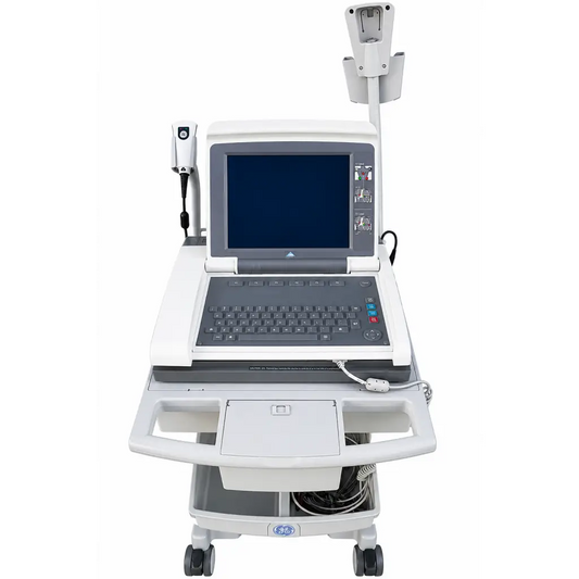 White ge mac 5500 ecg analysis system on mobile cart with laptop monitor and ultrasound probe attached