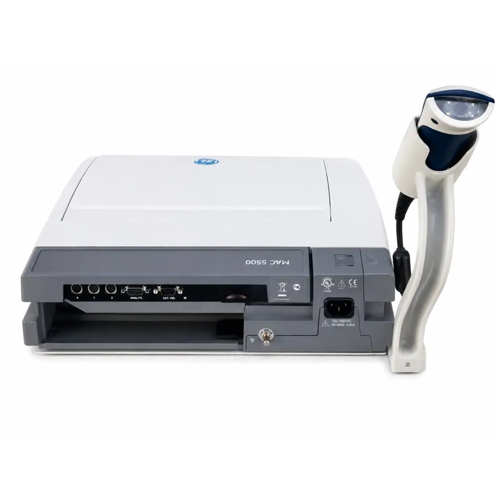 White and gray ge mac 5500 barcode scanner with ergonomic handheld unit on mobile cart for ecg analysis