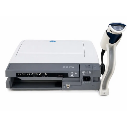 White and gray ge mac 5500 barcode scanner with ergonomic handheld unit on mobile cart for ecg analysis