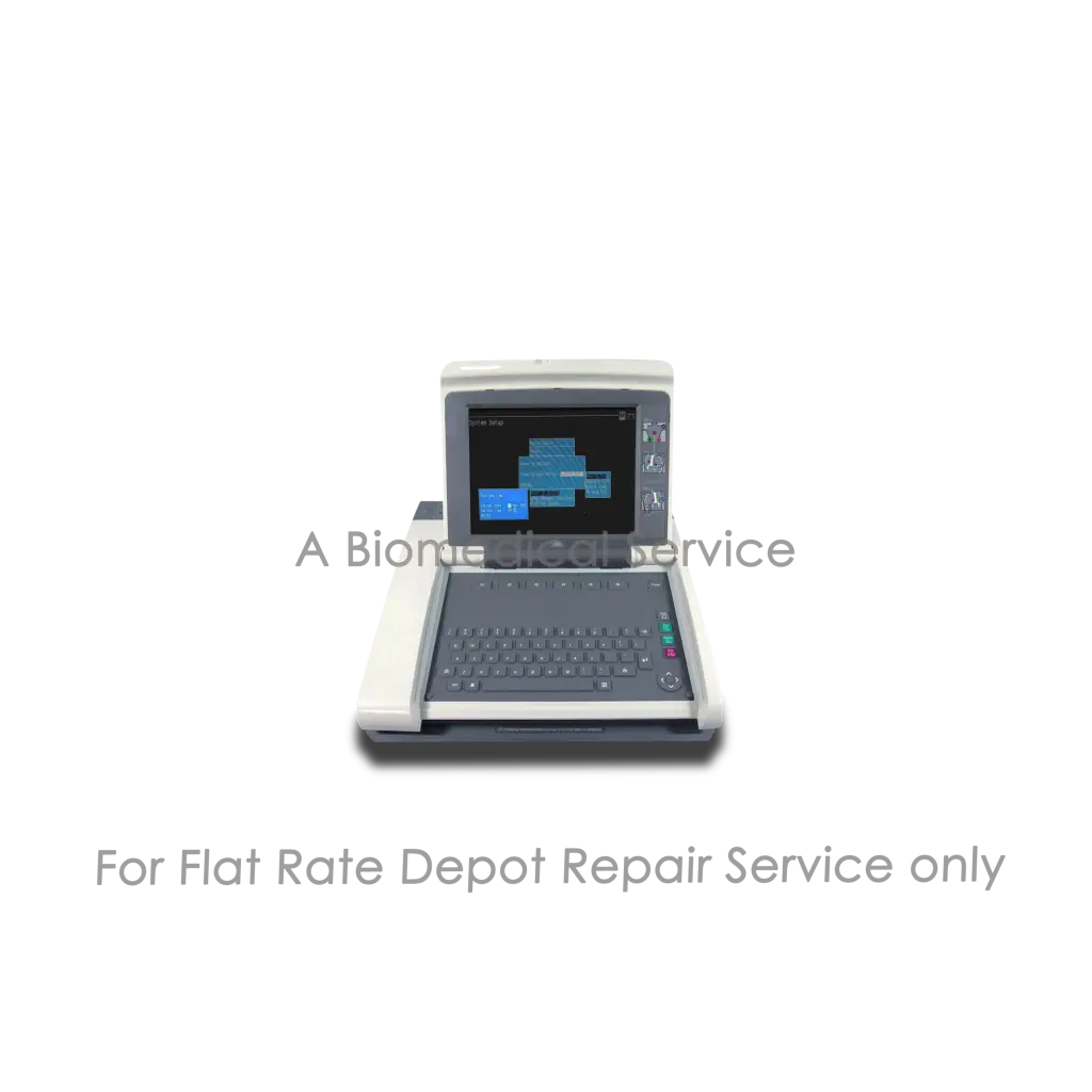 White and gray portable digital electrocardiogram machine with touchscreen showing blue waveforms for medical equipment repair service