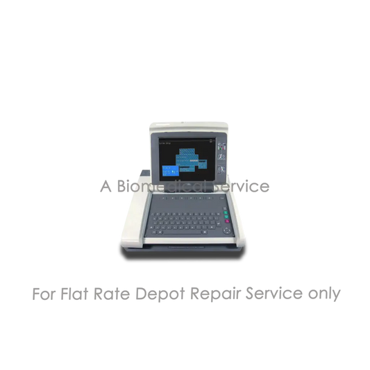 White and gray portable digital electrocardiogram machine with touchscreen showing blue waveforms for medical equipment repair service