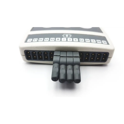 Beige and black ge marquette m2mf8944p acquisition module with multiple labeled ports and four connected black connectors