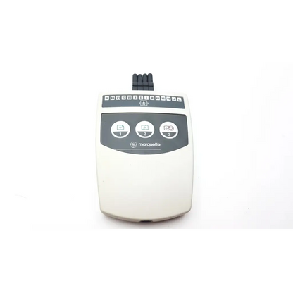 White ge marquette m2mf8944p acquisition module with three circular buttons and labeled ports on top for medical use