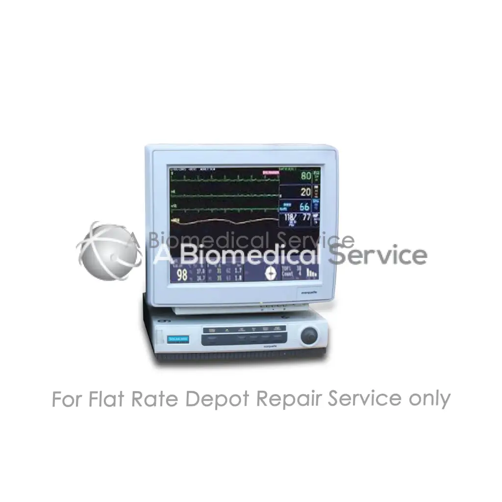 Light gray GE Marquette CD digital telemetry system medical monitor with vital signs display and flat-rate repair service panel