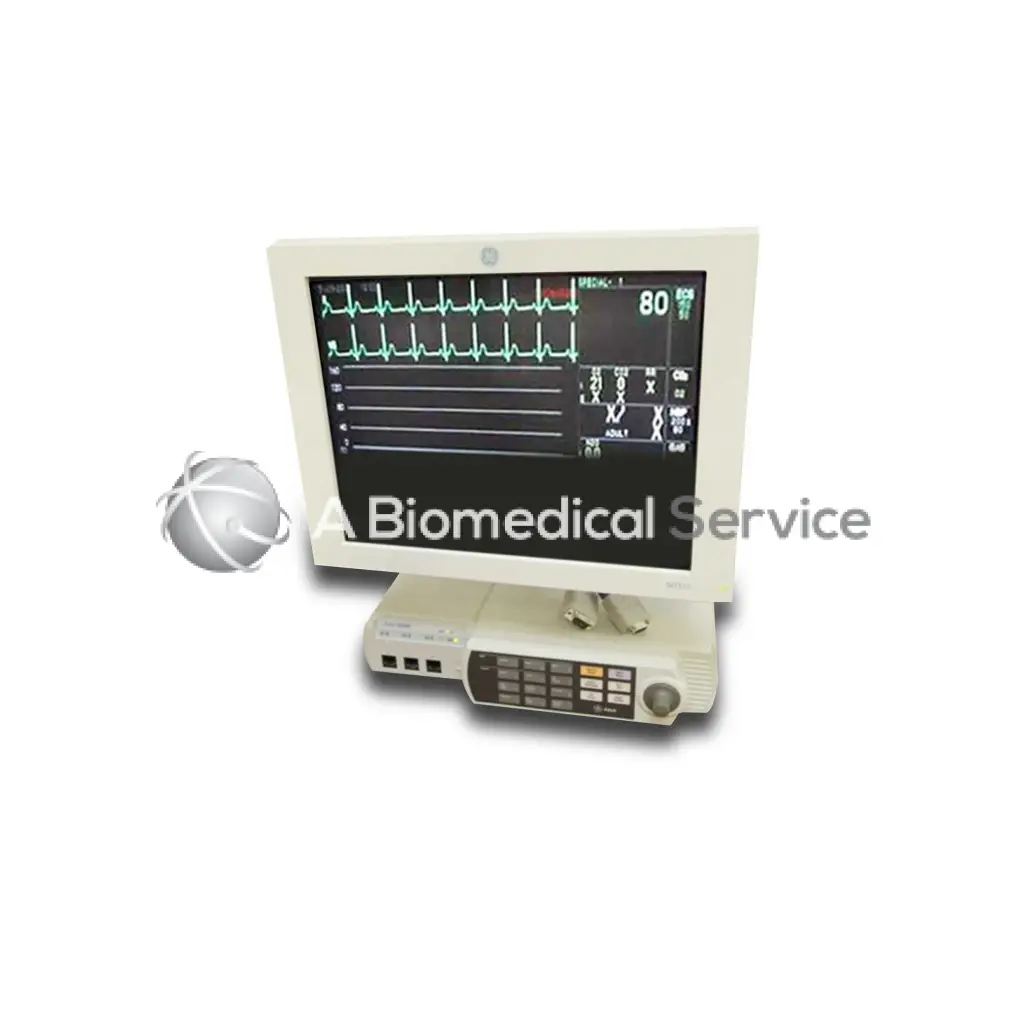 Cream-colored ge marquette solar 8000m patient monitor displaying green ecg waveforms and numerical readings