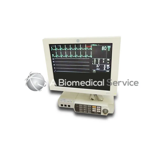 Cream-colored ge marquette solar 8000m patient monitor displaying green ecg waveforms and numerical readings