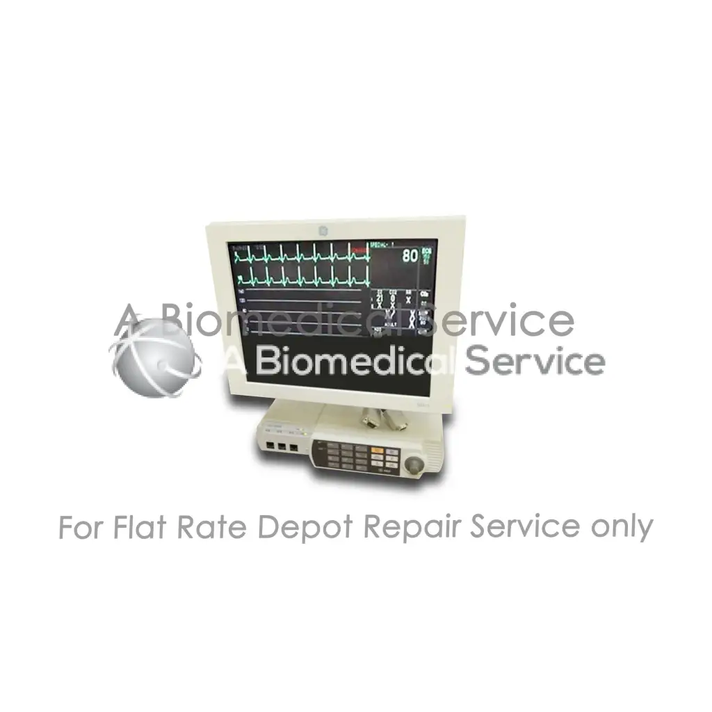 White ge marquette solar 8000m patient monitor with green ecg waveforms on screen for medical equipment repair service