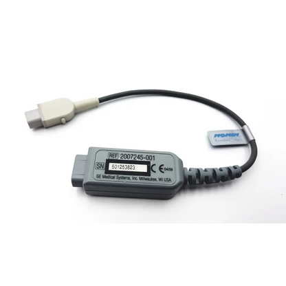 Gray GE Medical Systems connector cable with beige plug and black coiled cord for ApexPro CH Nonin Xpod oximeter
