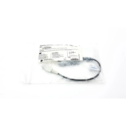 Black coiled cable with white plastic connectors in clear bag labeled apexpro ch for ge medical nonin xpod oximeter