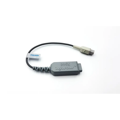 Gray plastic apexpro ch nonin xpod oximeter adapter cable with black coiled cord and beige connector for medical use