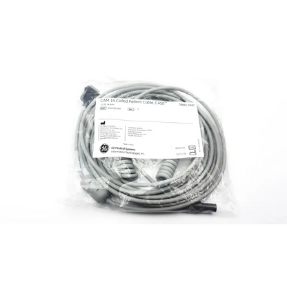 Gray coiled patient cable in clear plastic package labeled ge medical systems spare part for medical use