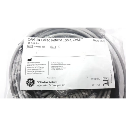 Gray coiled patient cable packaged in clear plastic with ge medical systems spare part label for patient monitoring use