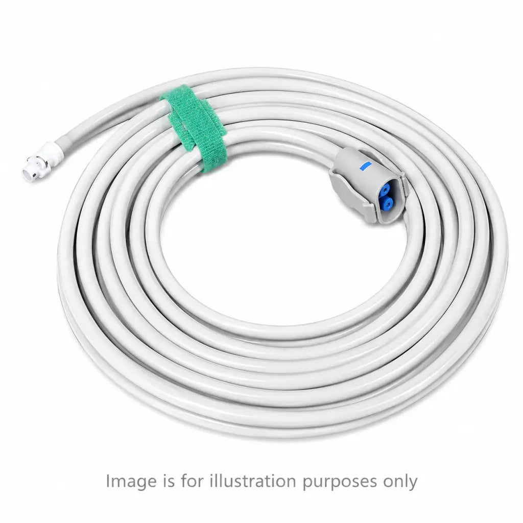 White medical-grade adult dual tube cable with gray connector blue accents and green velcro strap for medical nibp adult use