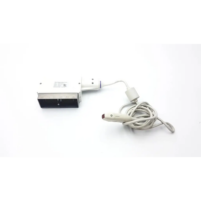 GE Medical System 2298593 Rev 0 white and black ultrasound transducer with coiled cable for medical imaging use